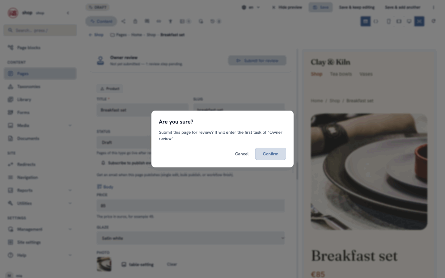 The question: Submit this page for review? It will enter the first task of Owner review