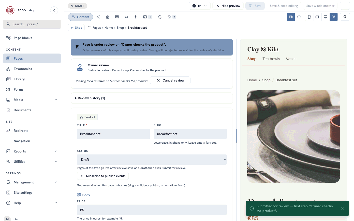 Mia's editor during the review: the banner Page is under review on Owner checks the product, and grey save buttons