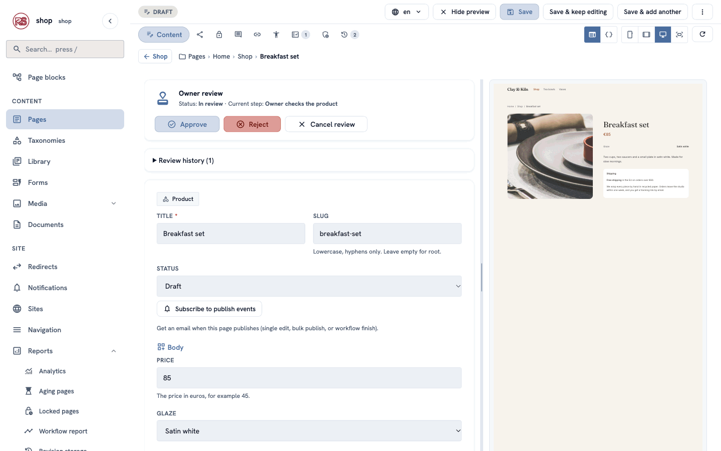 The owner's editor: Approve, Reject and Cancel review in the Owner review bar