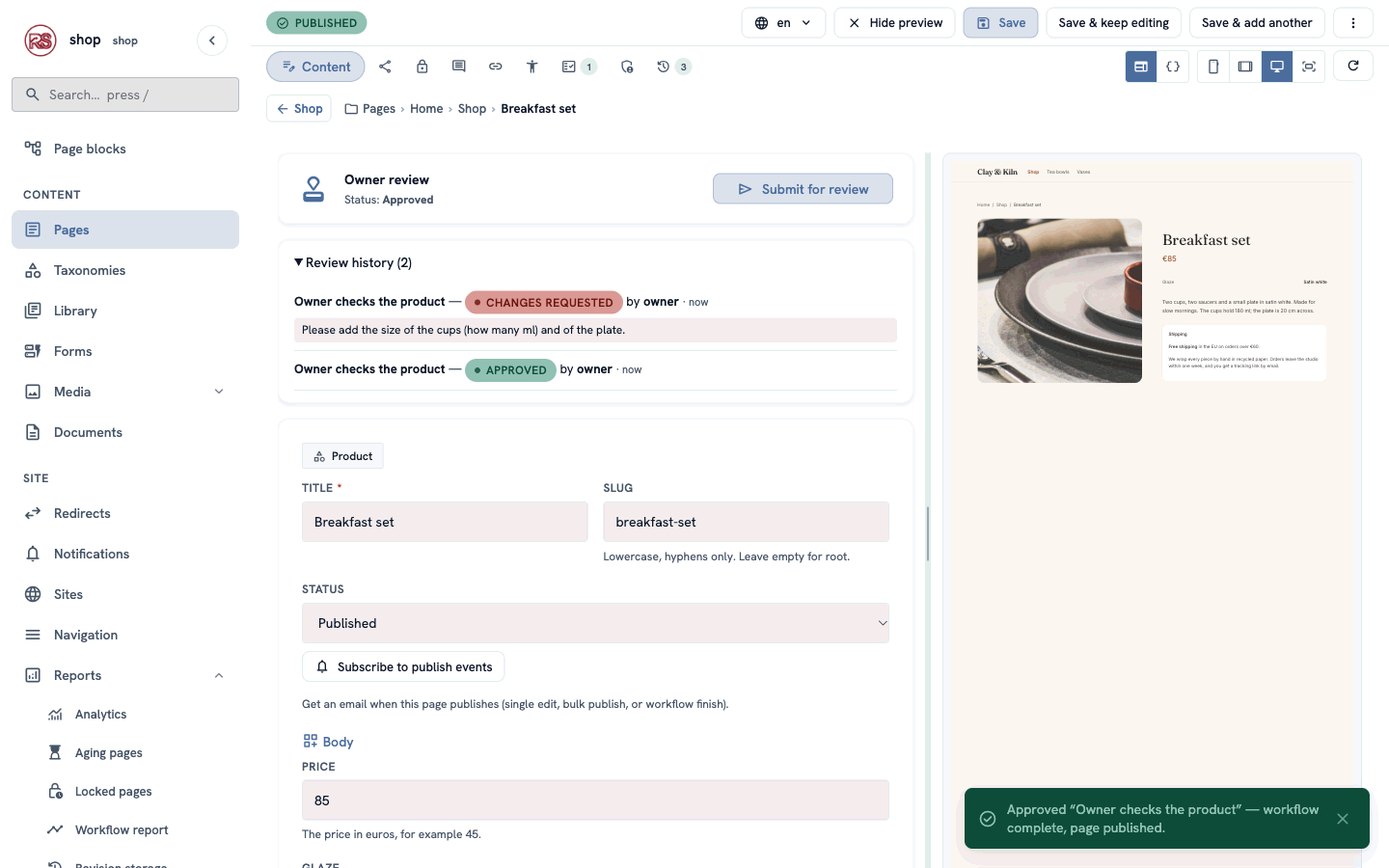 The approved product: status Approved, Published, and the review history with Changes requested and Approved