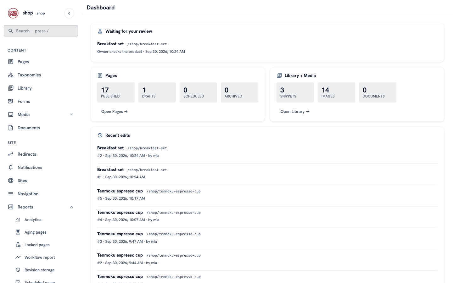 The dashboard: Waiting for your review, Breakfast set, and the recent edits by mia