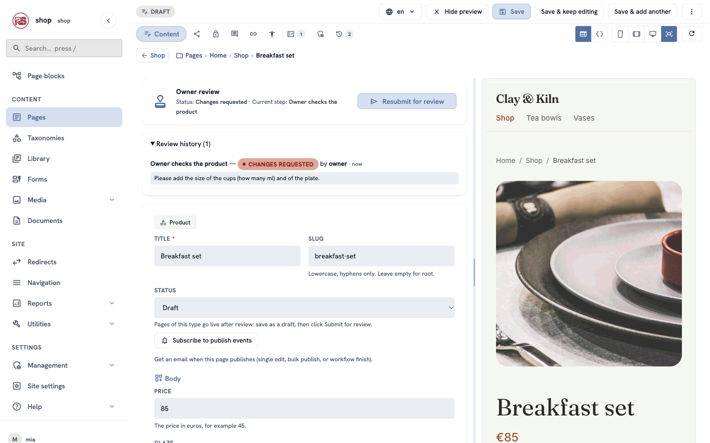 Mia's editor: status Changes requested, the note in the review history, and Resubmit for review