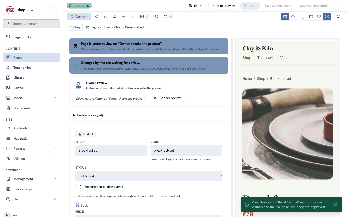 Mia's editor after saving: Your changes to Breakfast set wait for review. Visitors see the live page until they are approved.